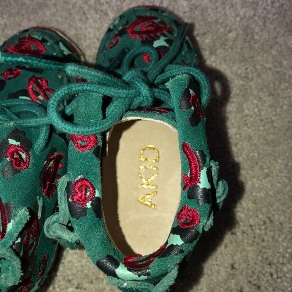 Akid Stone Leopard Leather‎ Shoes Size 4C Unisex Toddlers Girls Green Red - Picture 8 of 10